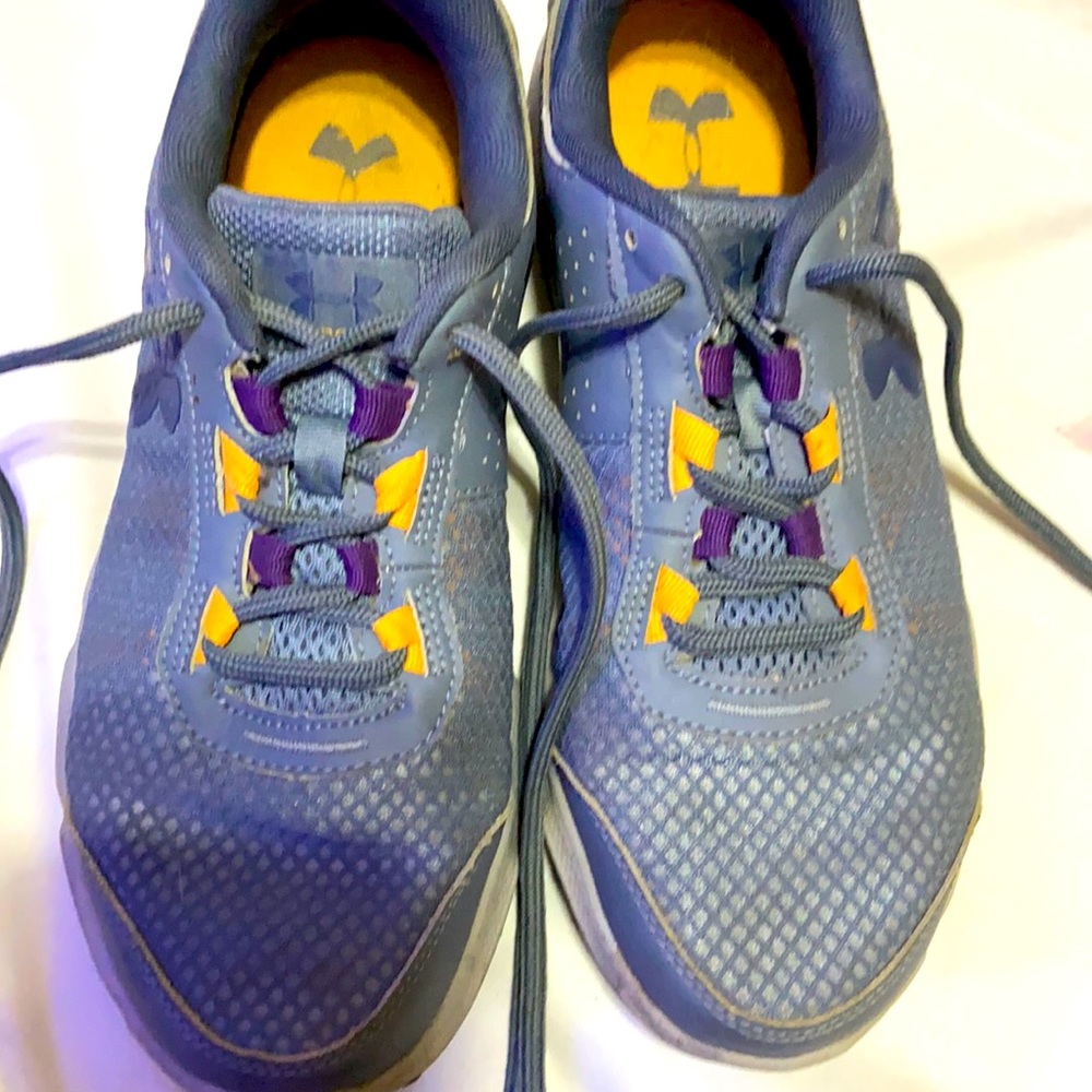 Size 7.5 grey, purple, & orange under armor shoes